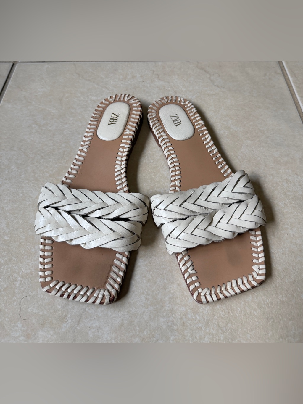 Zara Women's Sz 37(7) Off White Braided Leather Slide Sandals